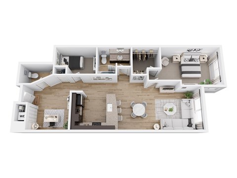 Floor plan for 2 beds, 1.5 baths, 837 sqft